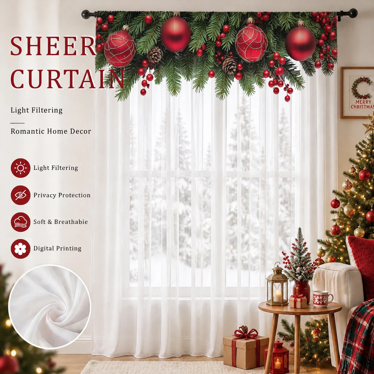 Home Decor Xmas - Świąteczna przezroczysta zasłona okienna z nadrukiem
