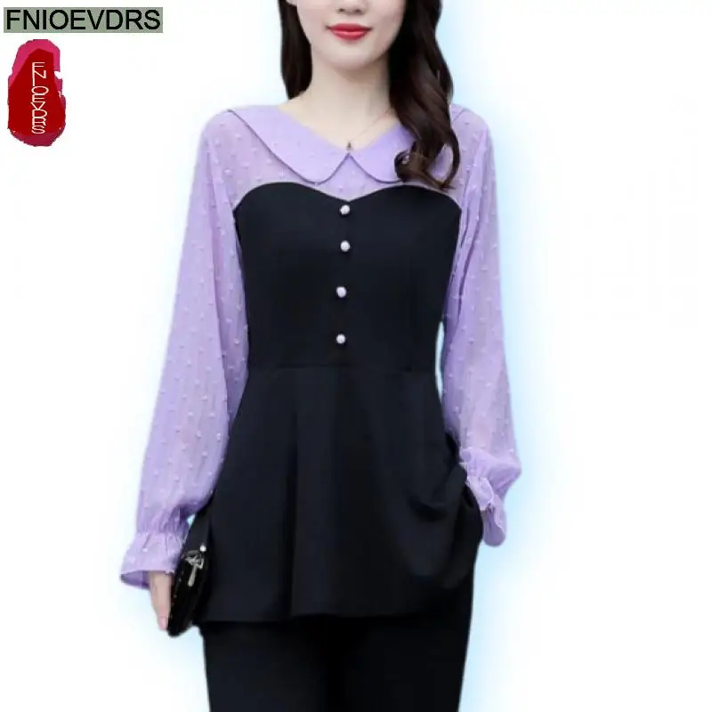 Loose Clothes Women 2024 Autumn Elegant Office Lady Button Shirts Casual Retro Vintage Peter Pan Collar Tunic Peplum Tops Blouse