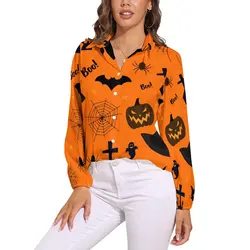 Happy Haunts Blouse Long-Sleeve Halloween Cat Ghost Funny Blouses Womens Casual Oversized Shirt Custom Clothes Gift