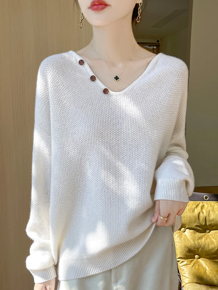 New Chic Women\'s V-neck Pullover Sweater 100% Merino Wool Knitwear Autumn Winter Loose Grace Style Cashmere Sweater Female Cloth