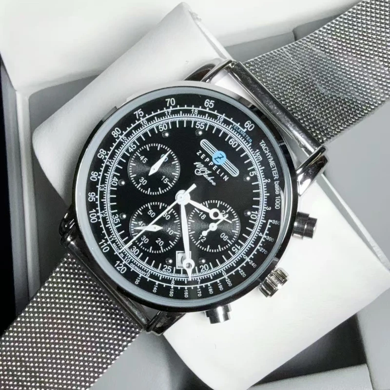 New Zeppelin Automatic Date Wristwatch Three-eye Run Seconds Multifunctional Timing Business Leisure Quartz Men's Watch