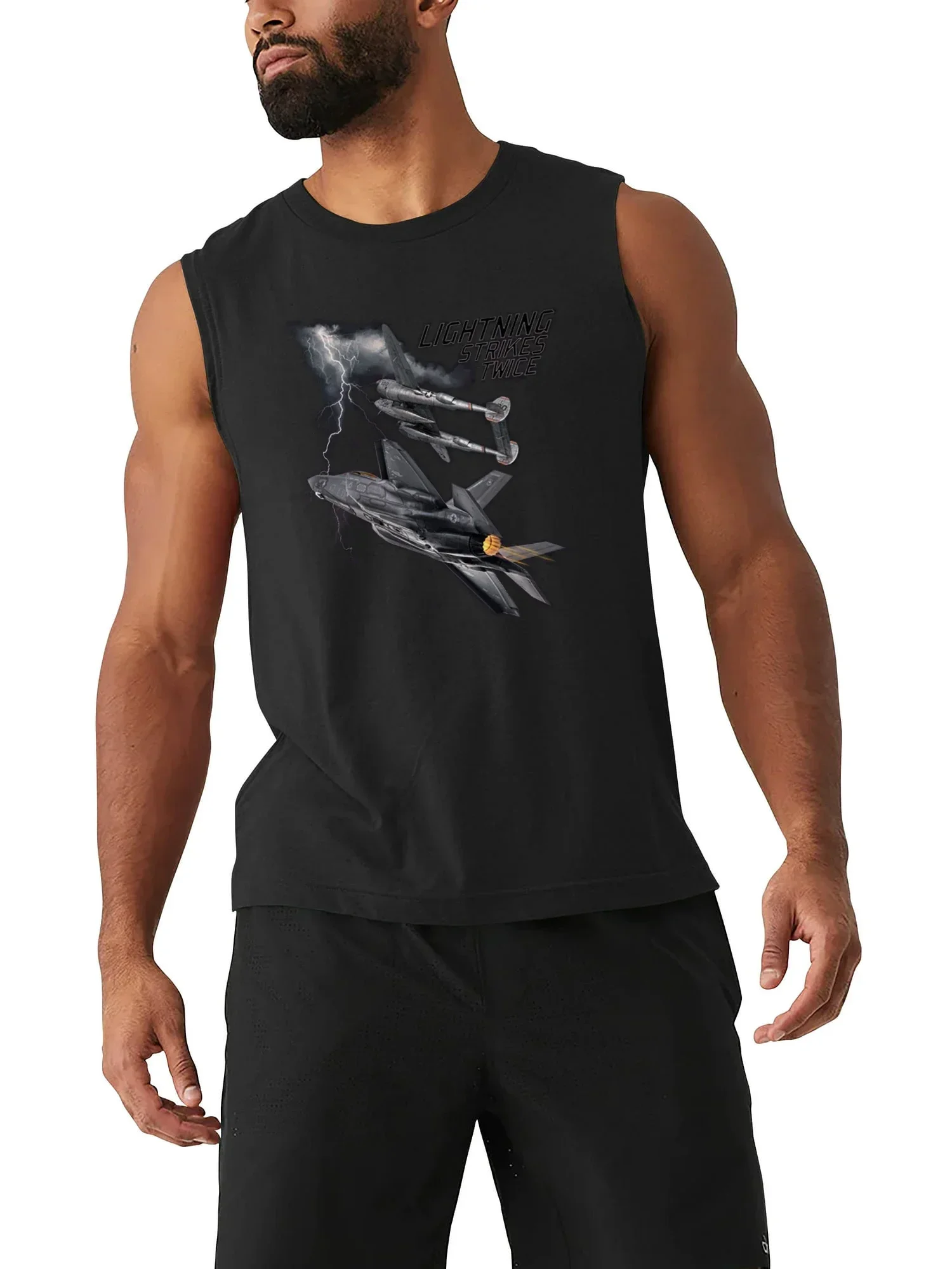 Lightning Strikes Twice - Novelty F-35 and P-38 Fighter Tank Top 100% Cotton O-Neck Summer Casual Mens Vests Sleeveless T-shirt