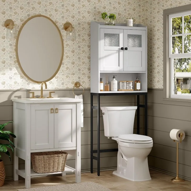 Over The Toilet Storage Cabinet, Bathroom Organizer Over Toilet Storage, Double Doors Over The Toilet Storage Soft Hinges Above