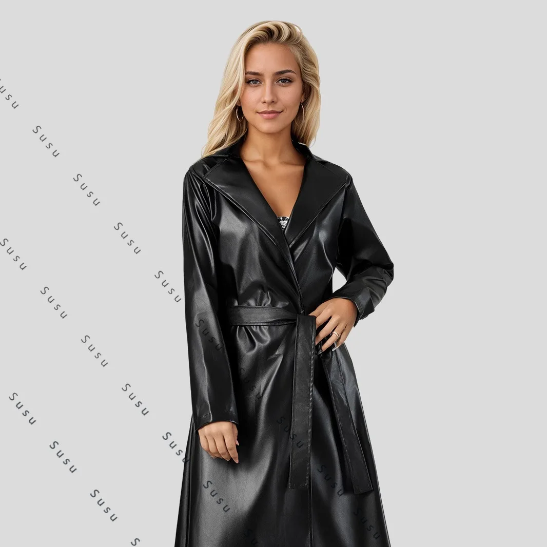

2025 new extended bathrobe trench coat spring and autumn anti-wrinkle fashion women's leather jacket leather jacket women's cust
