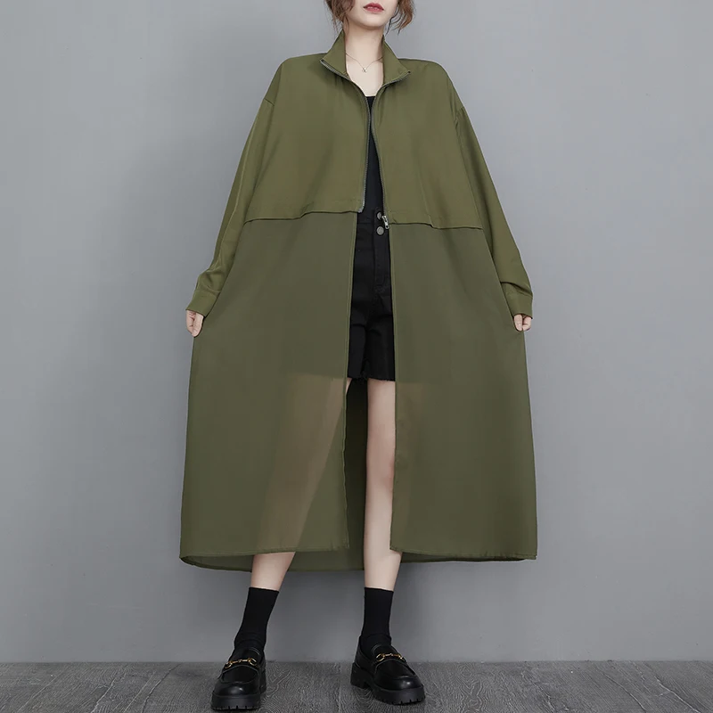 #3451 Spring Summer Black Green Trench Coat For Women Split Joint Chiffon Long Windbreaker Ladies Stand Collar Loose Zipper