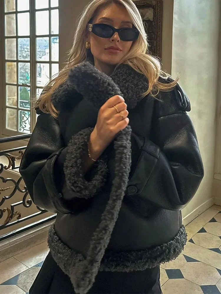 2025 Winter New Lady Commuter Streetwear Vintage Black Lamb Wool Jacket Lapel Long Sleeves Thick Warm Coats Lace Up Casual Coat