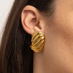 Retro Stainless Steel Striped Texture Oval Chunky Stud Earrings for Women Vintage Glossy Gold Plated Statement Jewelry Gifts