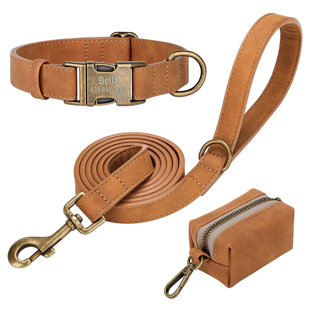Benutzerdefinierte Hundehalsband Leine Tasche Set personalisierte PU Leder Hundehalsbänder Vintage Haustier Schnalle Halskette mit Bleikot Tasche für Hunde Mops – Detail 7