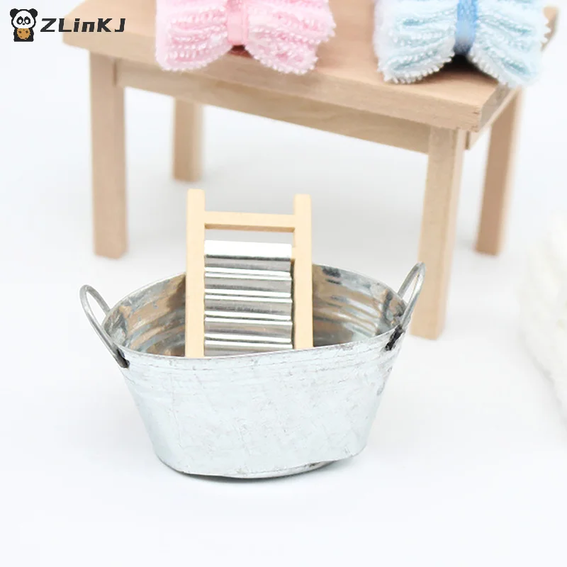 ▶1Set 1:12 Dollhouse Miniature Washboard Iron Bucket Model For Doll House Decor Accessories Kids Pretend Play Toys