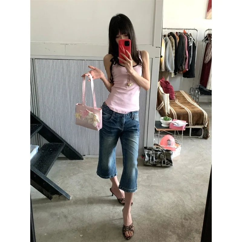 American Retro Blue Low-rise Spice Girl Seven-point Micro-pull Jeans Women's Summer Loose and Thin Design Casual Pants