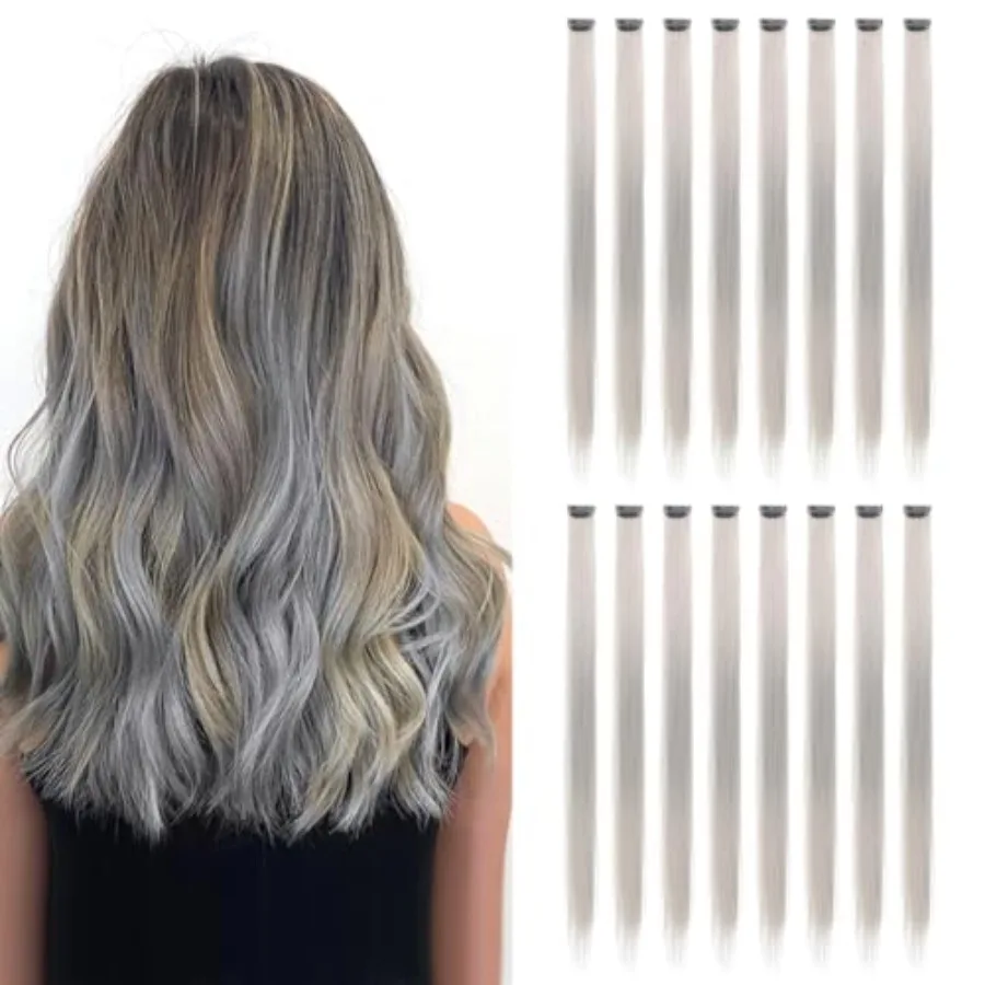 

Grey Hair Extensions 20inch One Color Clip in on Hairpieces Straight Halloween Cosplay Christmas Party Highlights Synthetic Col
