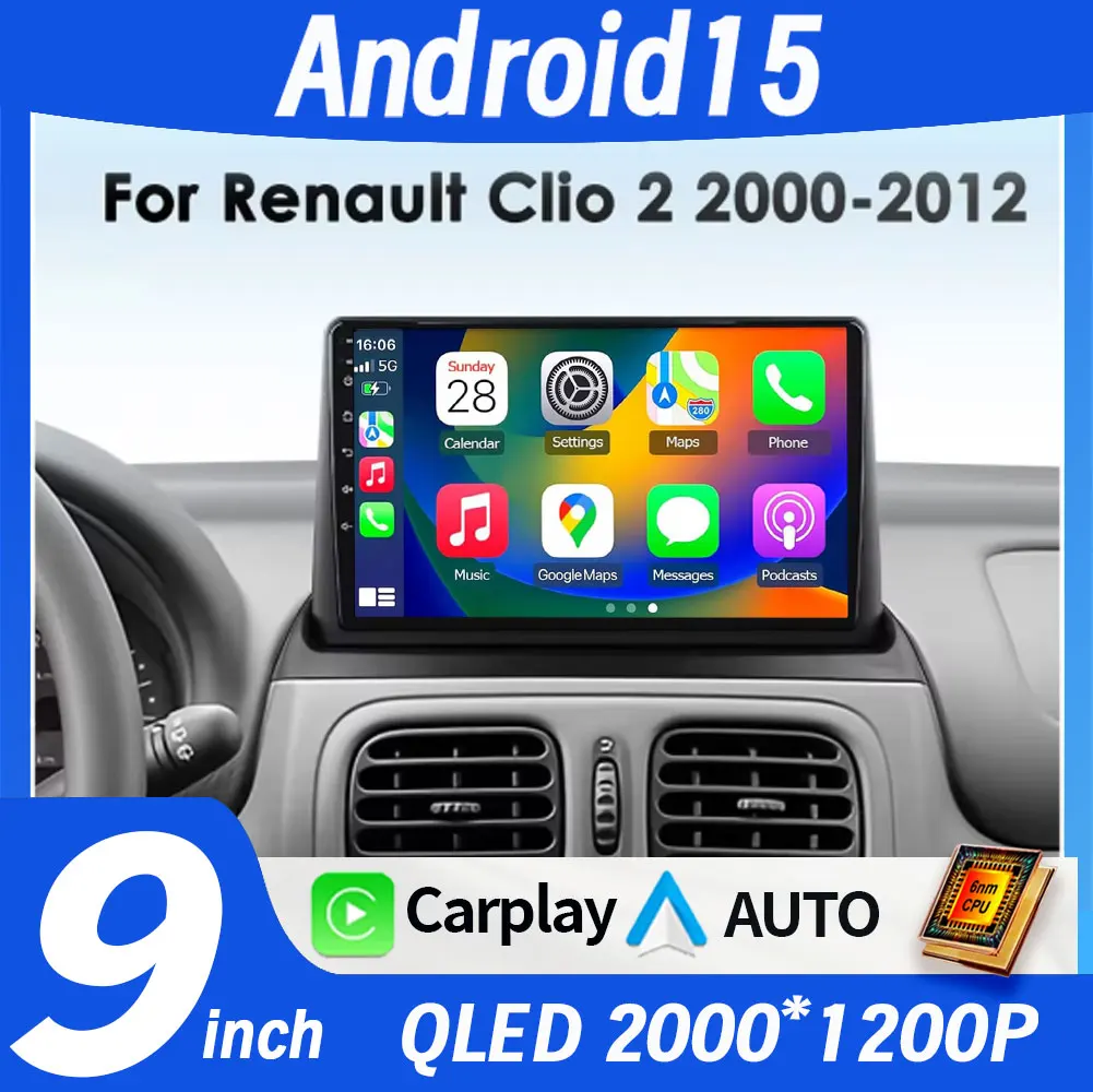 

360-камера Android 15, автомобильное радио для Renault Clio 2 2000-2012, беспроводная связь CarPlay, Android Auto, 2din, автомобильные интеллектуальные системы, без DVD
