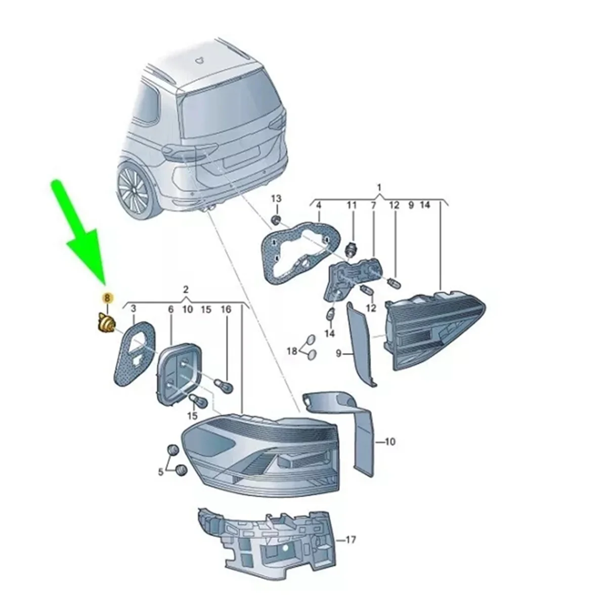 عناصر مصهر الذيل الخارجي الخلفي ، فولكس فاجن ، تيجوان ، توران ، 5TA945300 ، 5TA