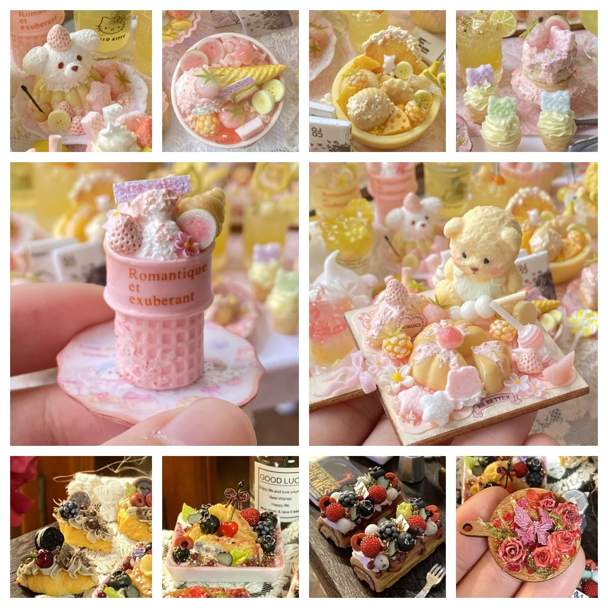 

Миниатюрный пищевой набор из глины на заказ - миска для мороженого ручной работы, десертный стол с медведем и фруктовые торты для коллекции кукольного домика Sweet Shop