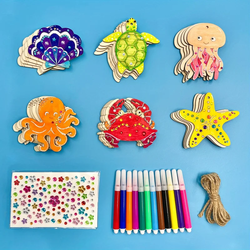 

Wooden Ocean Animal Pendants 24pcs Octopus Starfish Turtle Crab DIY Wooden Pendant