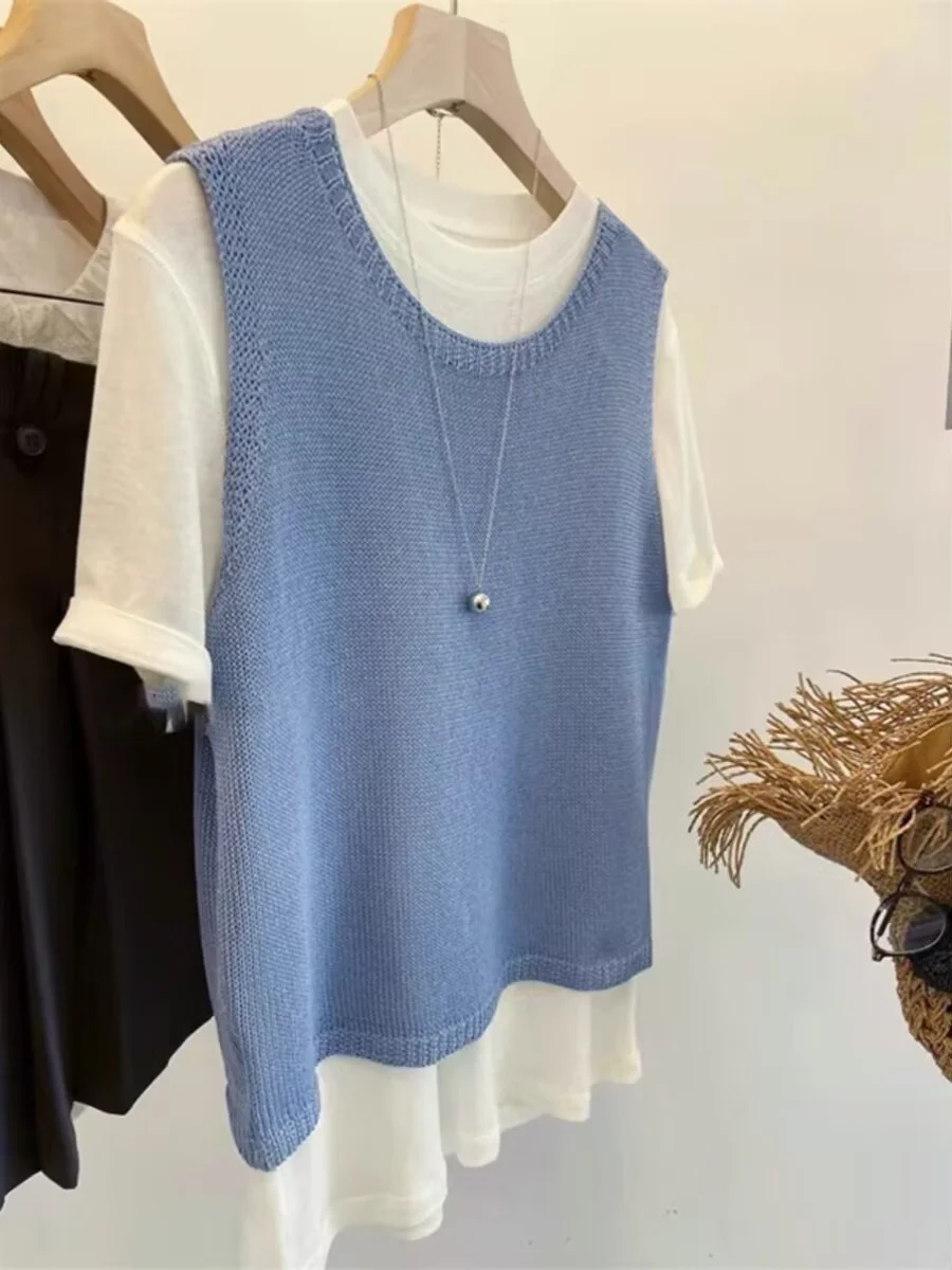 

Синий вязаный жилет без рукавов для женщин: модный, элегантный, с круглым вырезом, для многослойных образов, омолаживающий, на весну, лето и осень