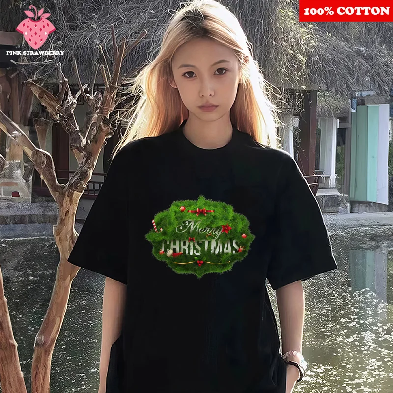

Christmas Tree Print T-shirt Women Summer 2025 New 100%Cotton Fashion Black Casual short sleeves T-shirt Top Y2k Female clothing