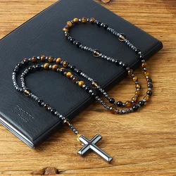 Hematite Tiger Eye Onyx Bracelets Catholi Christ Rosary Bead Long Bracelets for Men Hematite Cross Pendant Meditation Jewelry