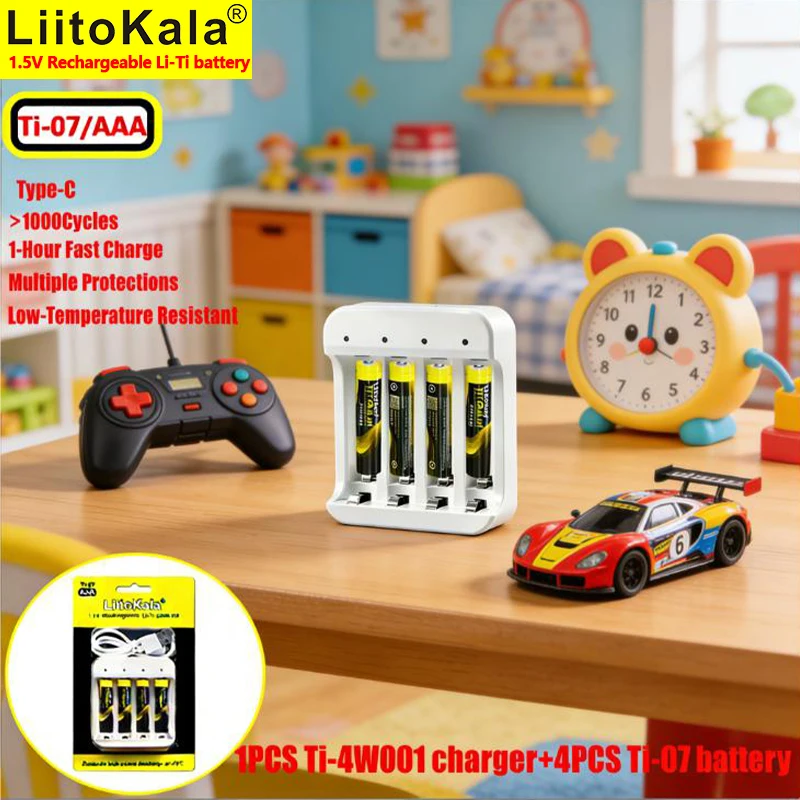 Batería Recargable LiitoKala 1.5V AAA 300mWh con Cargador de 4 Ranuras para Juguetes, Consolas de Juegos, Ratón, Control Remoto, Timbre