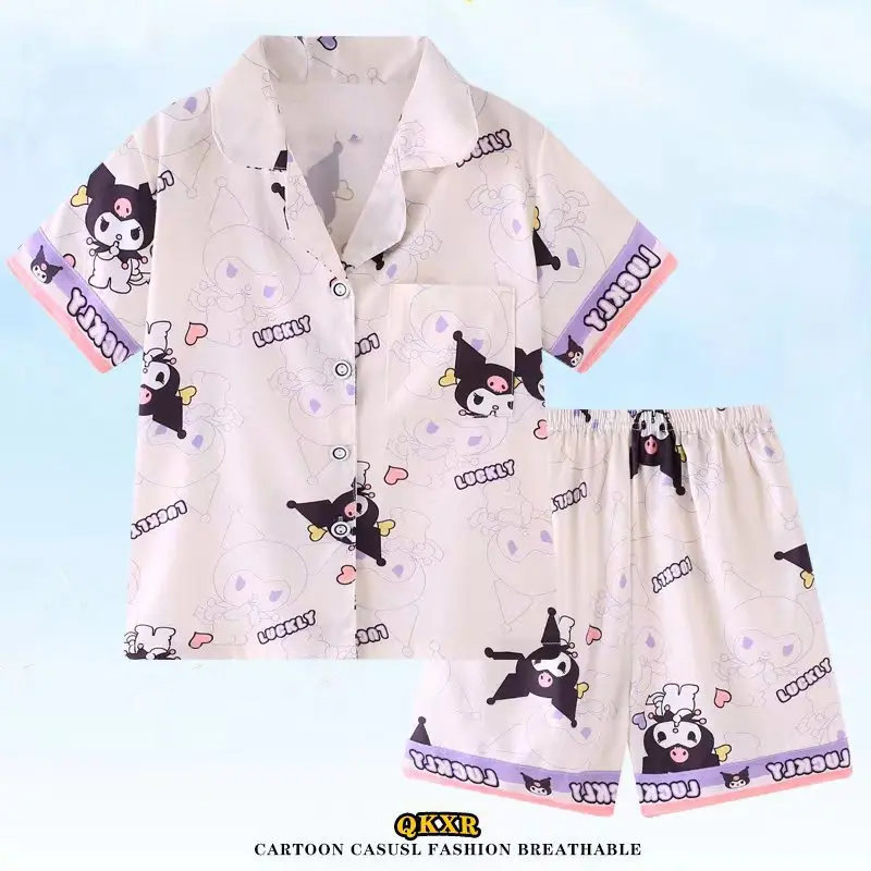 Sanrios Anime Kuromi Pajamas Set Cartoon Cute My Melody Summer Cardigan Loose Fitting Leisure Short Sleeved Pants Suit Girl Gift