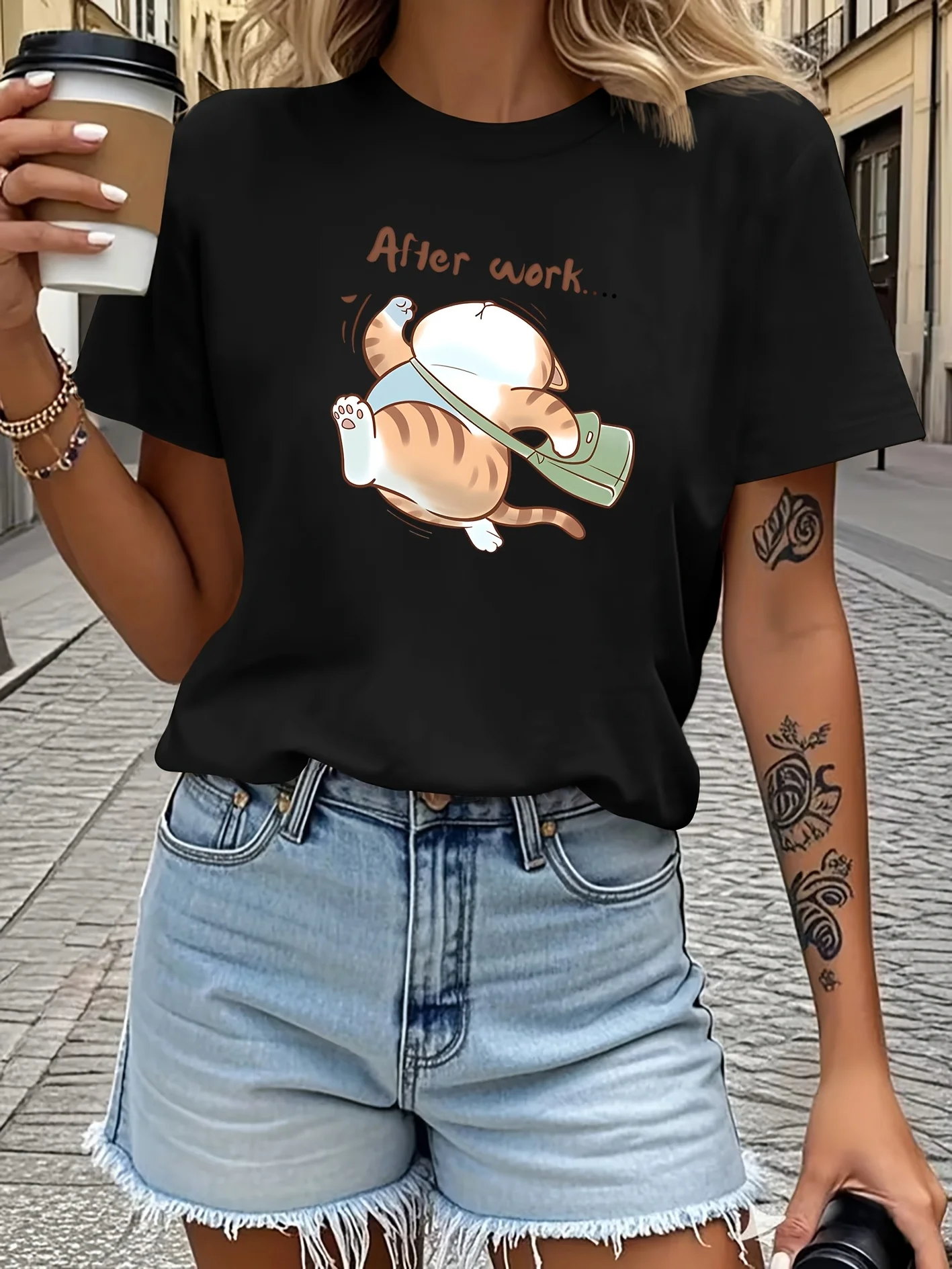 Women's Casual Graphic T-Shirt Funny Cartoon Cat After Work Print Tops Short Sleeve Crew Neck Tshirt Clothes Outfit Female 90s