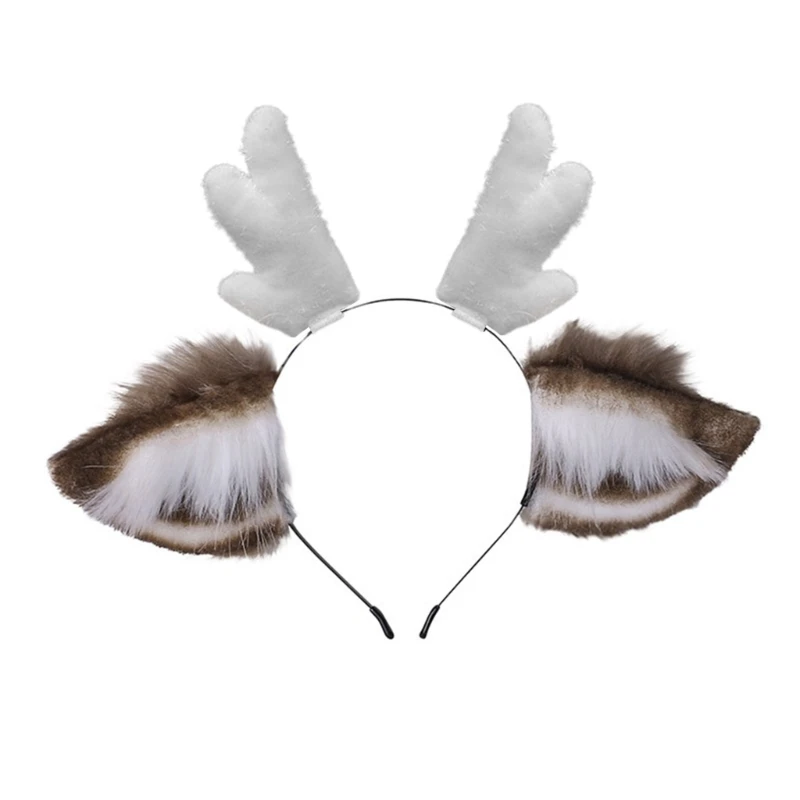 

Y1UB Faux Fur Ears Plush Antler Headband Reindeer Animal Hair Hoop Cosplay Costume