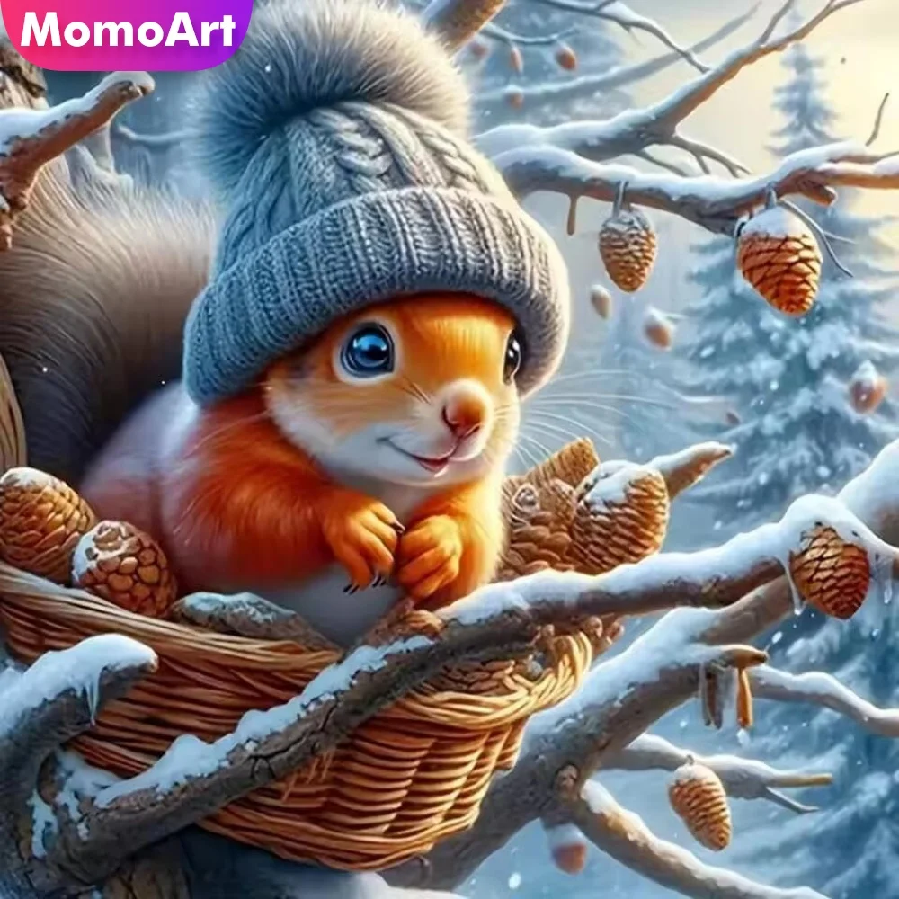 Momoart Diamond Painting Eichhörnchen Tier-Set Kunstbild mit Strass DIY Diamant-Mosaik Winter Kreuzstich-Dekoration für Zuhause