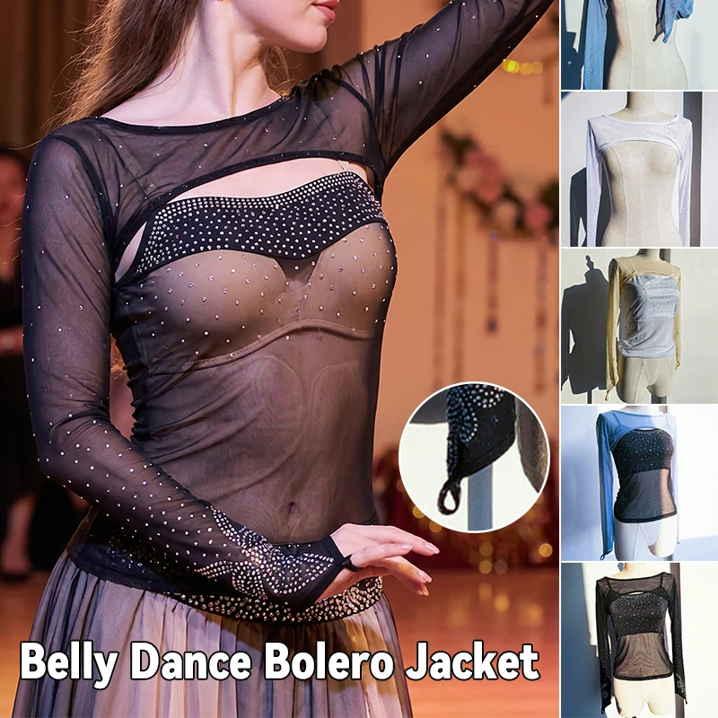 

Women BellyDance Sleeves Mesh Shoulder Shrug Rhinestone Long Sleeve Tops Arm Cuff Oriental Dance Practice Decor Accessories