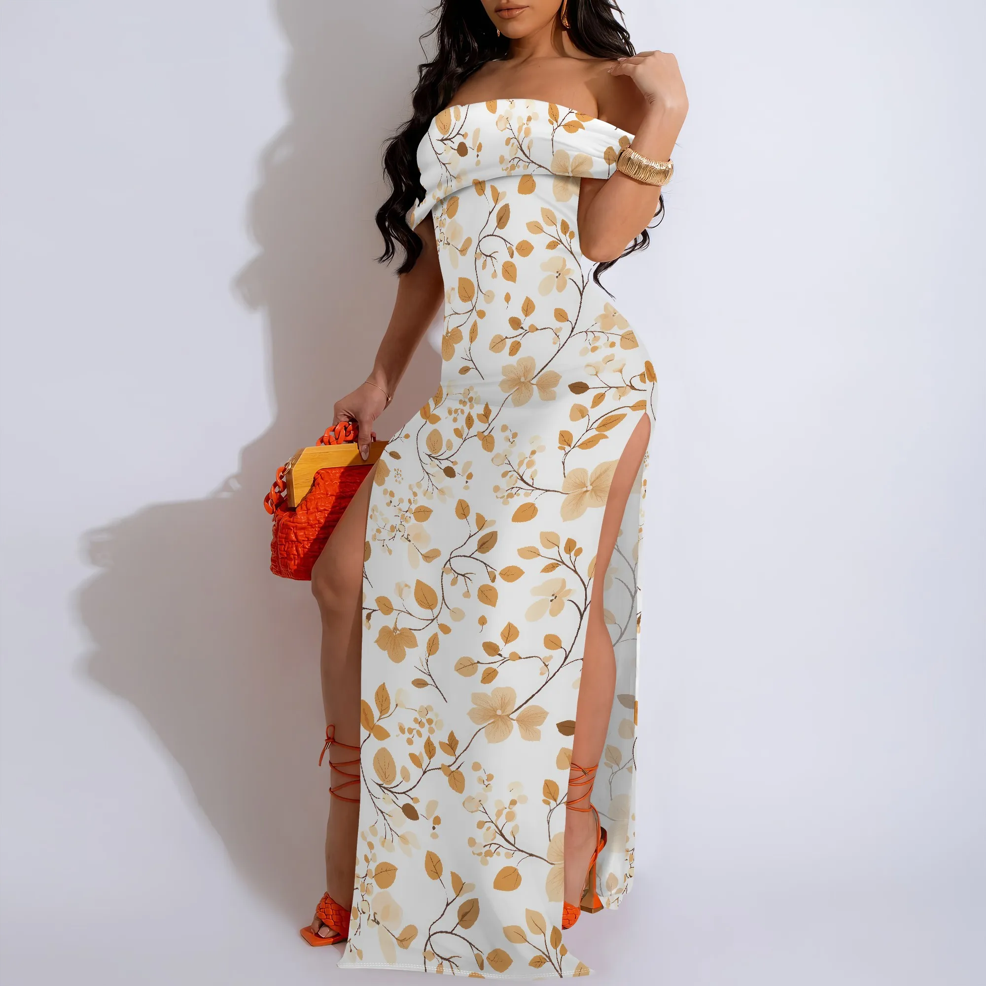 

Floral Off-Shoulder High Slit Maxi Dress - Women's Soft Romantic Party Evening Resortwear Date Night