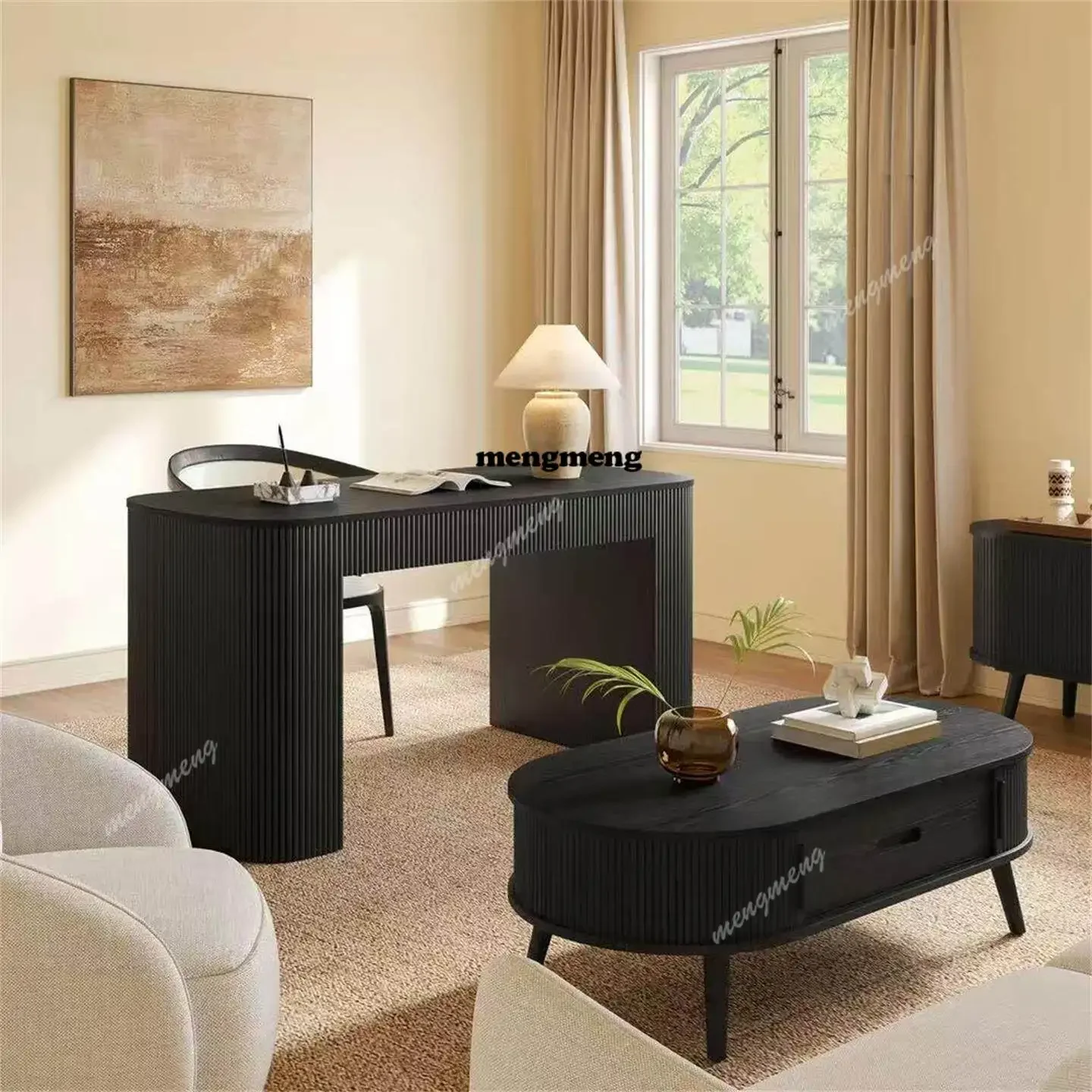 New arrive Nordic workbench semi-round solid wood desk small apartment integrated table with drawers storage office study table