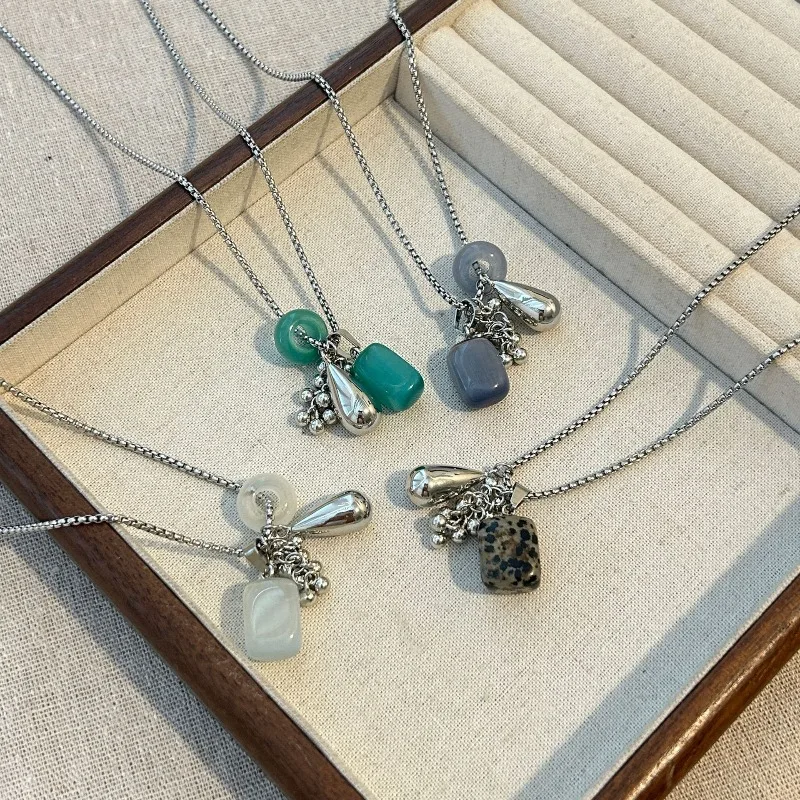Minar Trendy Candy Color Natural Stone Grape Strand Water Drop Tassel Pendant Necklaces for Women Silver Plated Box Chain Choker