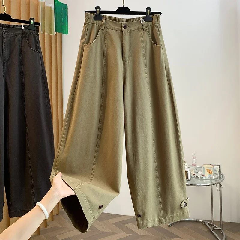 Retro Workwear Style Loose Fit Wide Leg Jeans Women's Autumn New Casual Slimming Casual Knife  Pants Half Elastic Waist