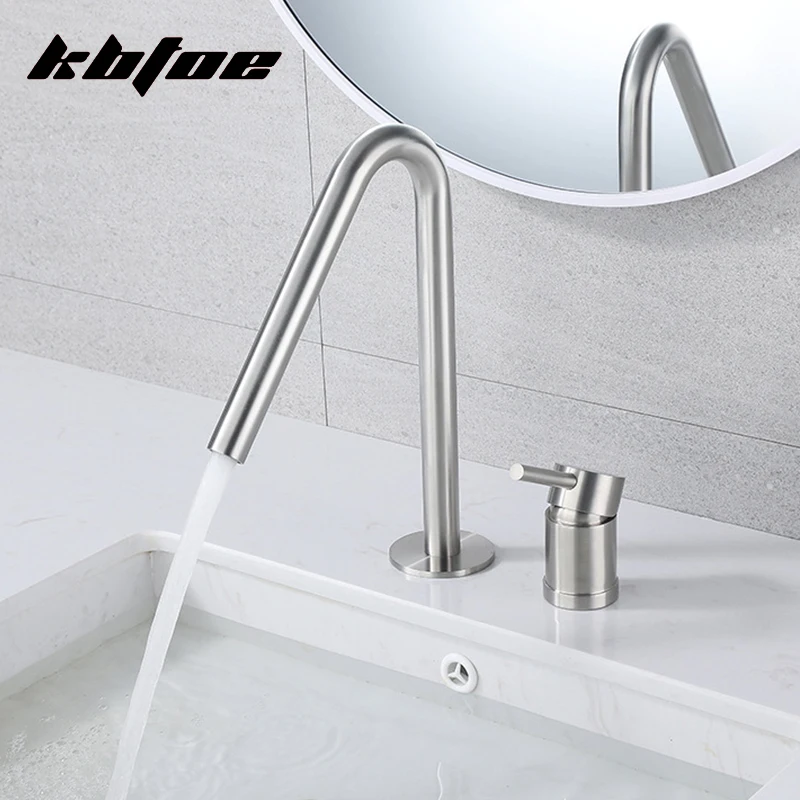 

Brushed Nickel Bathroom Wash Basin Faucet Deck Mounted Dual Hole Hot and Cold Water Sink Mixer Tap Stainless Steel Vessel Crane