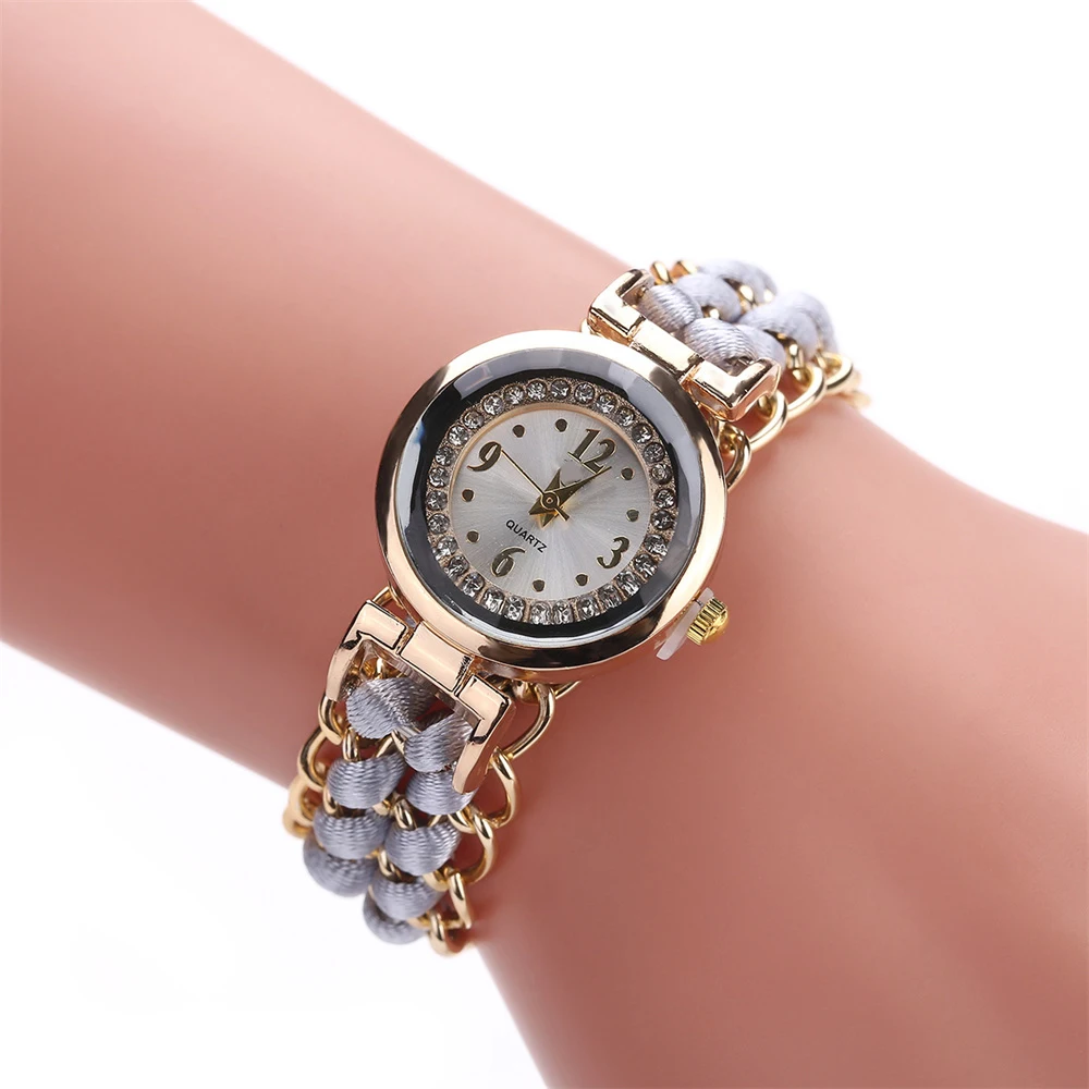 Dames Quartz Horloge Vintage Wikkel Rond Gevlochten Koord Armband Voor Dames Tijdkijker Cadeau