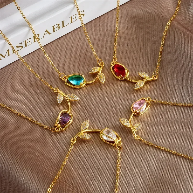 Elegant Sweet Zircon Tulip Flower Pendant Necklaces for Women Girls Stainless Steel Chain Fashion Jewelry Gifts for Friend Lover