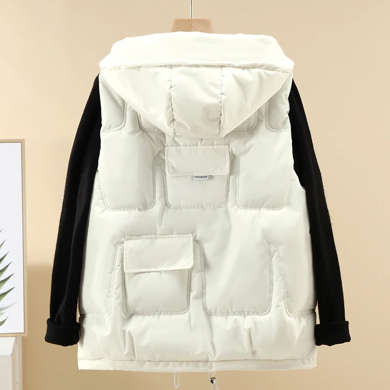 Women Hooded Puffer Vest Sleeveless Down Waistcoat Multi Pocket Quilted Gilet Autumn Winter Warm Loose Sleeveless Jacket Casual