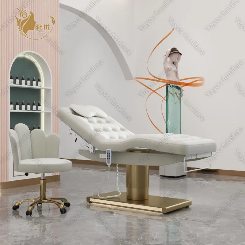 Electric Lash Bed With Gold Cylinder Base And LED Lights For Beauty Salon Spa Use