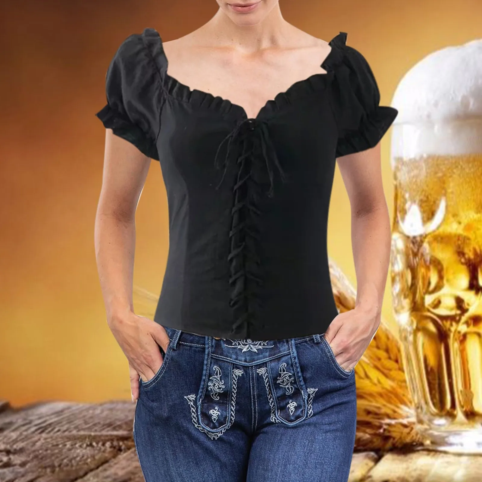 Bavarian Oktoberfest Women Plaid Shirt Tie Front Short Sleeve V Neck Shirt Top For Beer Festival Casual Traditional Shirt