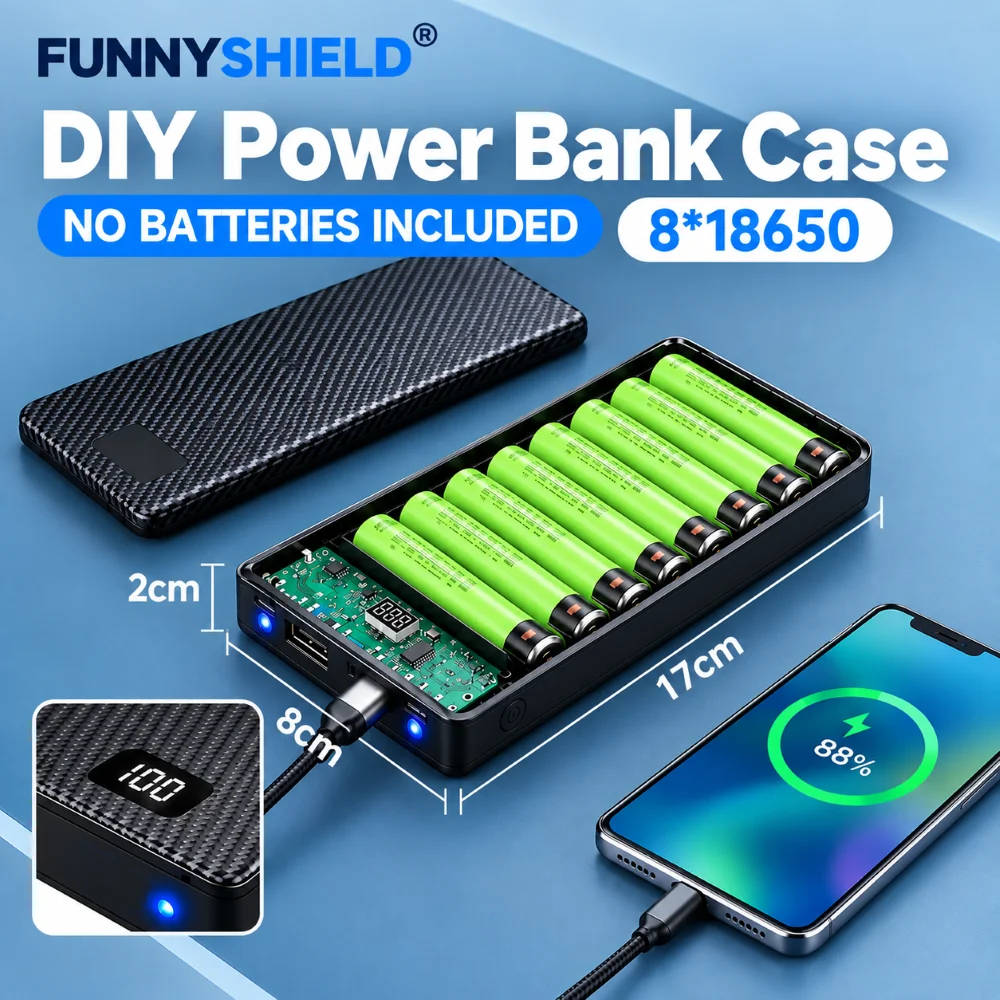 FUNNYSHIELD 8*18650 Power Bank Cases Detachable Battery Holder Dual USB Type C Charging Shell for Phone 18650 Battery Case DIY