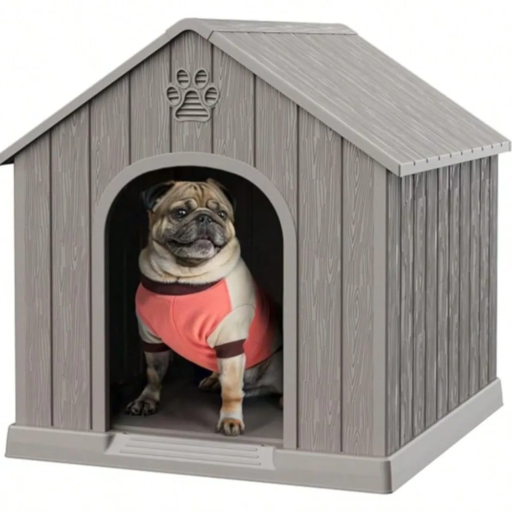 

Weatherproof Pet Dog Kennel Shelter With Air Vents Elevated Floor, Easy Assembly & Clean Dog House For Small Medium Dogs, Grey