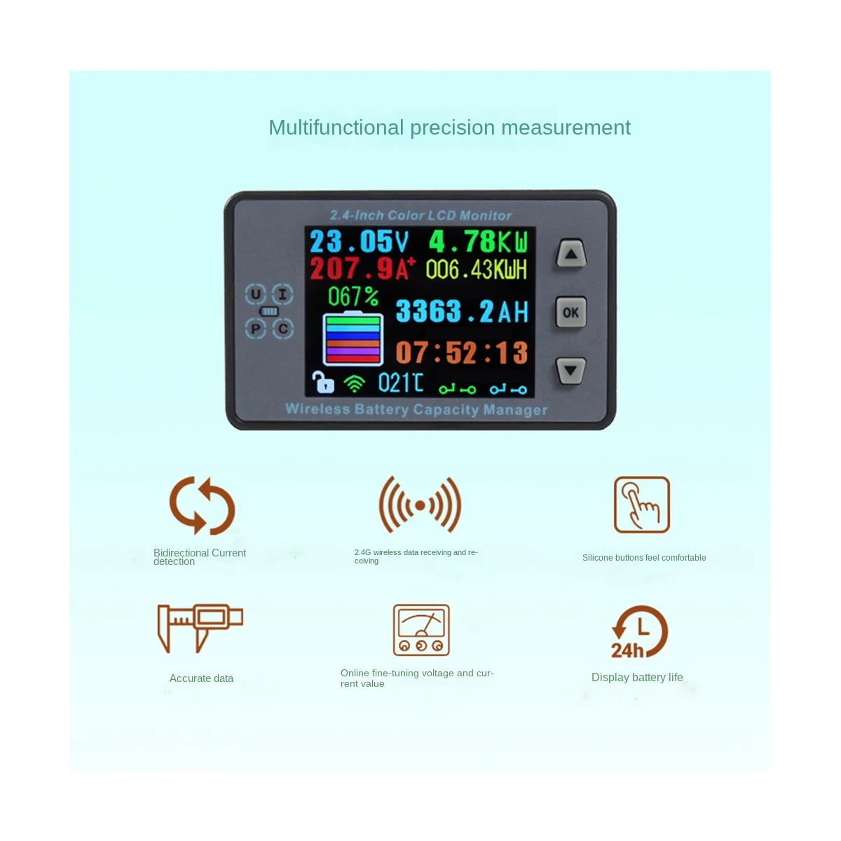 VAC8810F 2.4 Cal bezprzewodowy miernik napięcia + skrzynka pomiarowa kulometr pojemność detektor mocy 120V 100A Tester Monitor