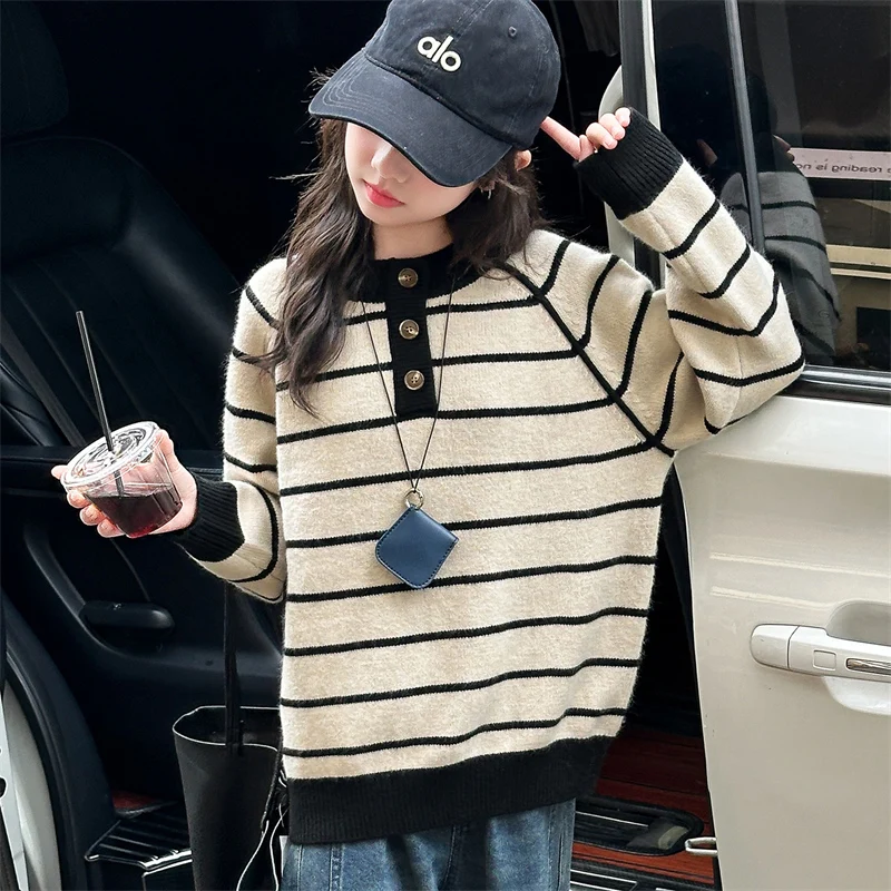 New Autumn Children Striped Knitted Sweater with Buttons for Big Girls Casual Knitwear Outfit Age 5 6 7 8 9 10 11 12 13 14 Years