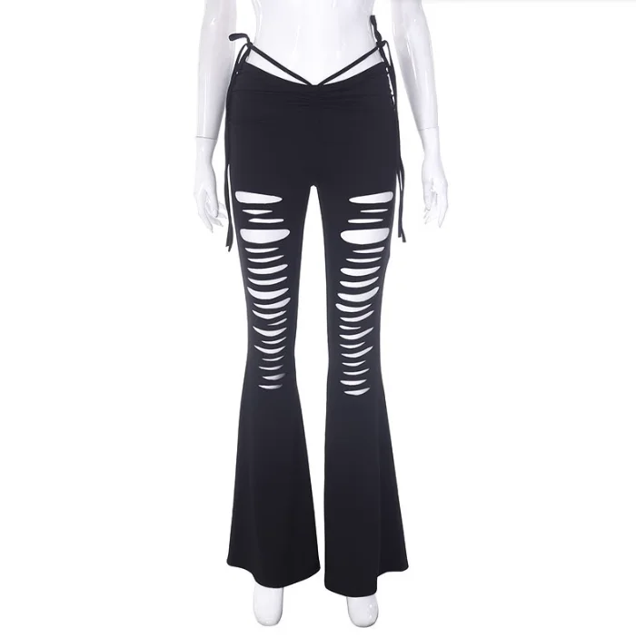 Bar and nightclub low waisted lace up hollowed out bell bottoms for women's stage performance costumes