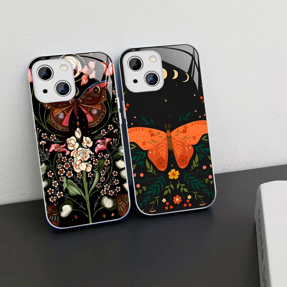 Forest Magical Moth Thistle Phone Case For iPhone 14 13 12 Mini 11 Pro XS Max X XR 14 Plus Tempered Glass Cover