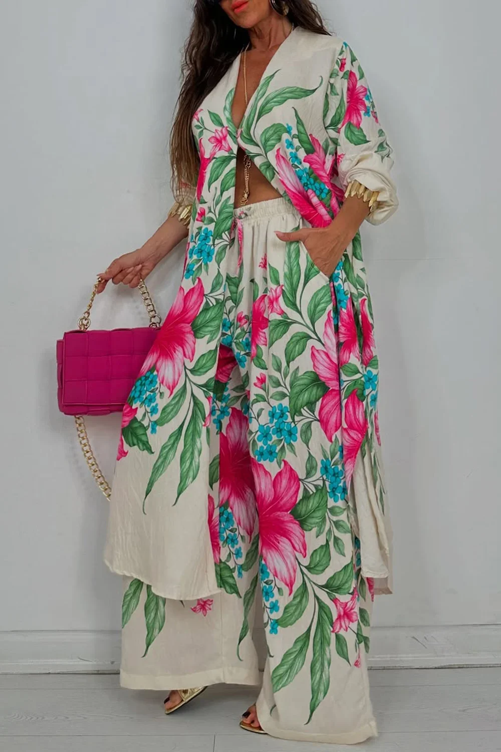 Set di pantaloni a due pezzi casual a gamba larga con tasca a maniche lunghe con stampa tropicale bianca casual da lavoro per donna Set da 2 pezzi vintage autunnale