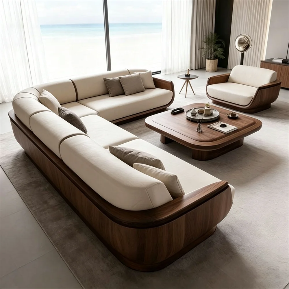 G*-Contemporary Curved Corner Sofa Set Frame Soft Beige Fabric Upholstered L-Shaped Sectional Sofa