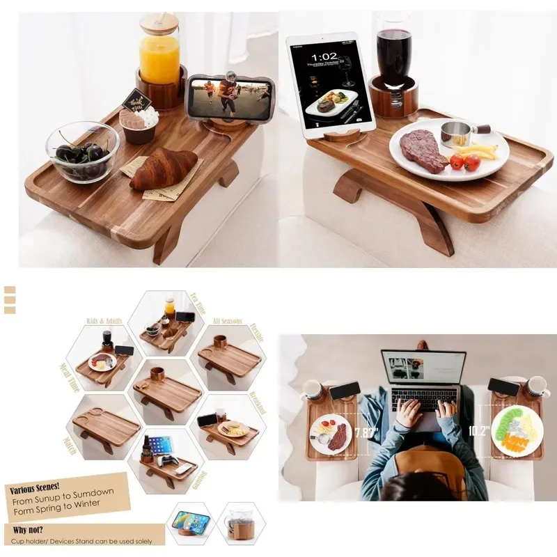 Multifunctional Acacia Wood Sofa Armrest Tray Cup Holder Clamp Table
