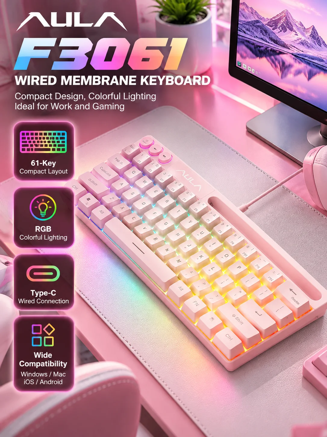 AULA F3061 Wired Mechanical Feel Keyboard 61 Keys RGB USB Type C Membrane Gaming Keyboard 60% Compact