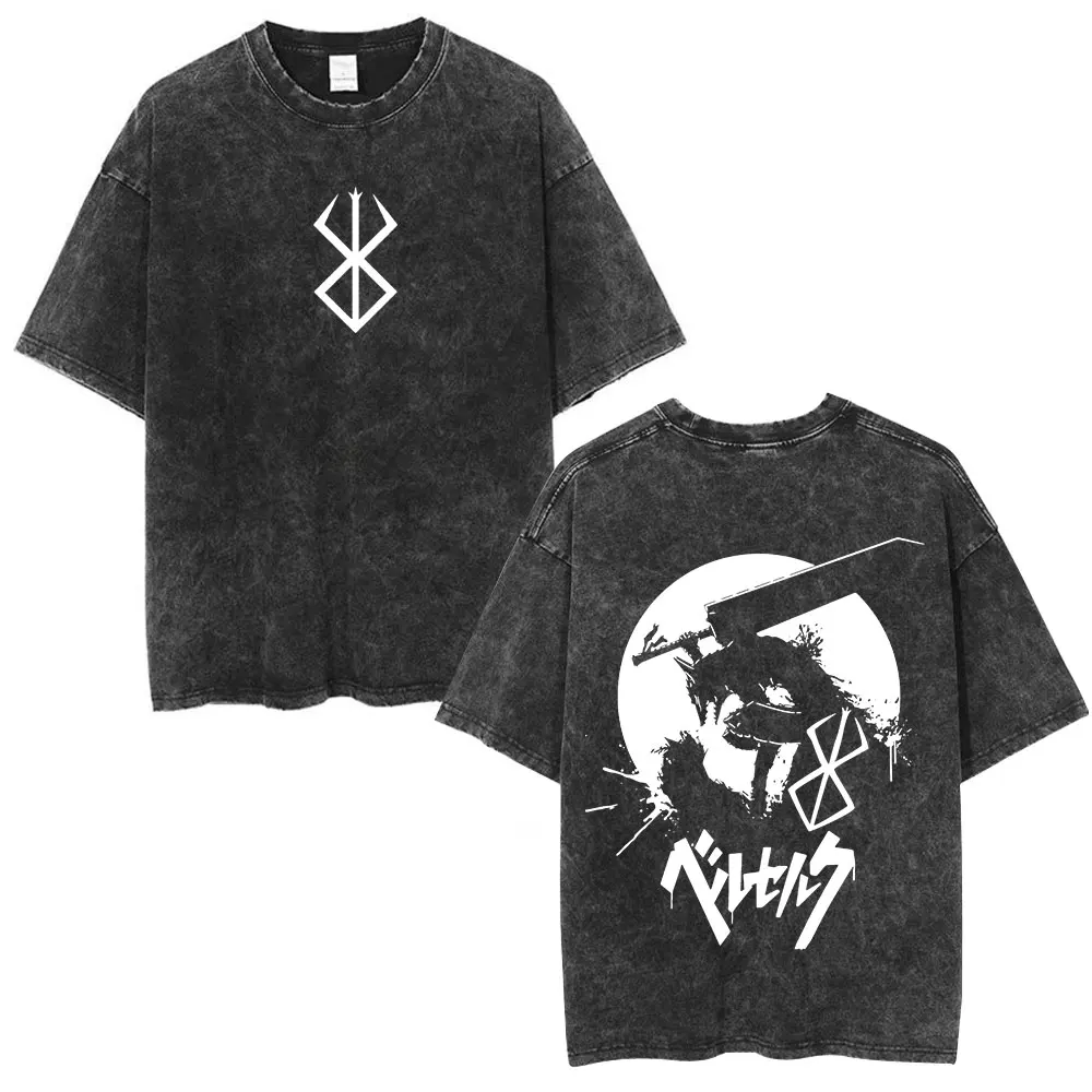 Camiseta lavada Vintage de Anime japonés Berserk Guts para hombre, camiseta gráfica de Manga fresca, ropa de calle, camiseta de moda de Hip Hop de gran tamaño