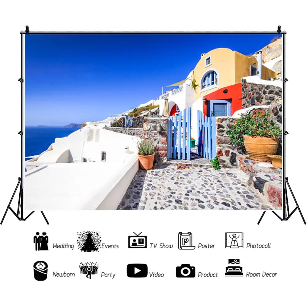 Dingsun.com blanc vieille ville de l'île de Santorin et paysage de la mer Égée arrière-plan photographique accessoire LHJ-05